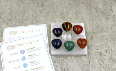 Selenite Square Charging Plate & 7 Chakra Polished Heart Set