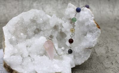 Rose Quartz Faceted Pendulum on a Chakra chain.